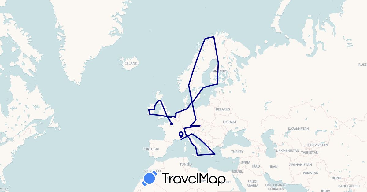 TravelMap itinerary: driving in Austria, Belgium, Switzerland, Czech Republic, Germany, Denmark, Finland, France, United Kingdom, Greece, Croatia, Ireland, Italy, Netherlands, Norway, Sweden (Europe)
